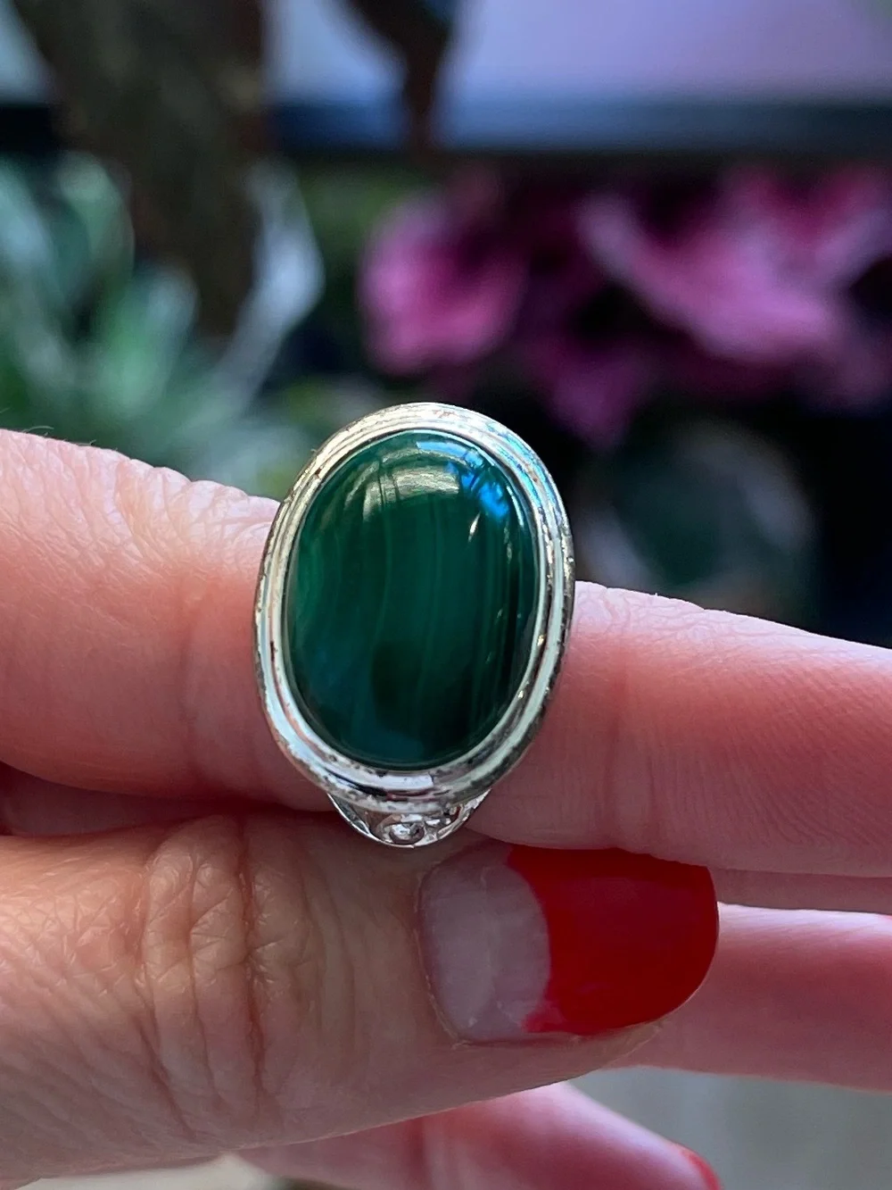 Sterling Silver Malachite Cabochon Estate Ring – Ornate Filigree – Size 6